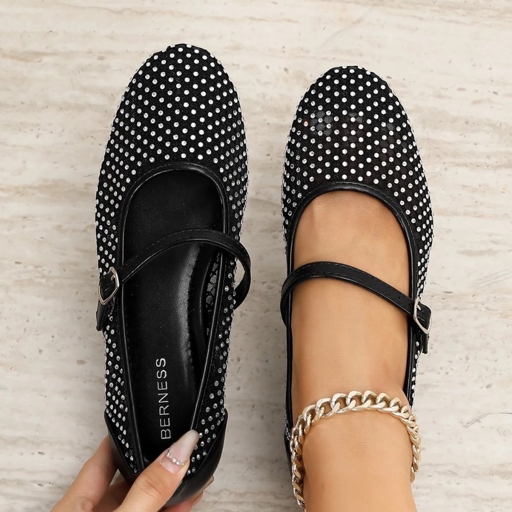 NWOT BERNESS FRIDA BLACK & Rhinestones Mesh Mary Jane Flats Sz. 8 - Picture 6 of 14